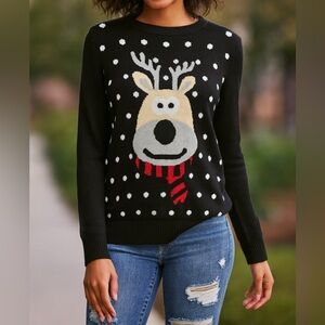 Women's sz S Black Reindeer Graphic Polkadot Pullover Sweater‎ Festive Fun Cozy